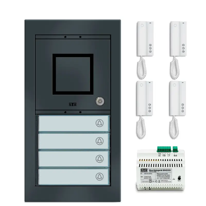 STR AHS 40 AP Audio-Haustelefon-Set Vierfamilienhaus Aufputz anthrazit mit vier HT 40 Innenstationen